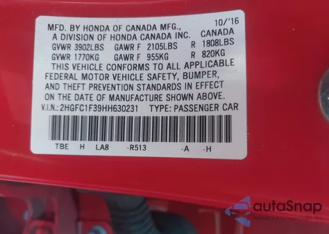 2017 Honda Civic Ex-T из США, поврежденный, VIN 2HGFC1F39HH630231